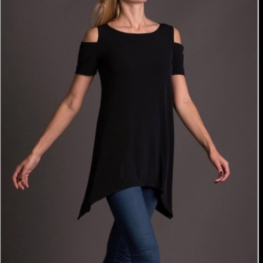 LBISSE ASYMMETRICAL LONG POINTED SIDES HEM COLD SHOULDER TUNIC BLACK